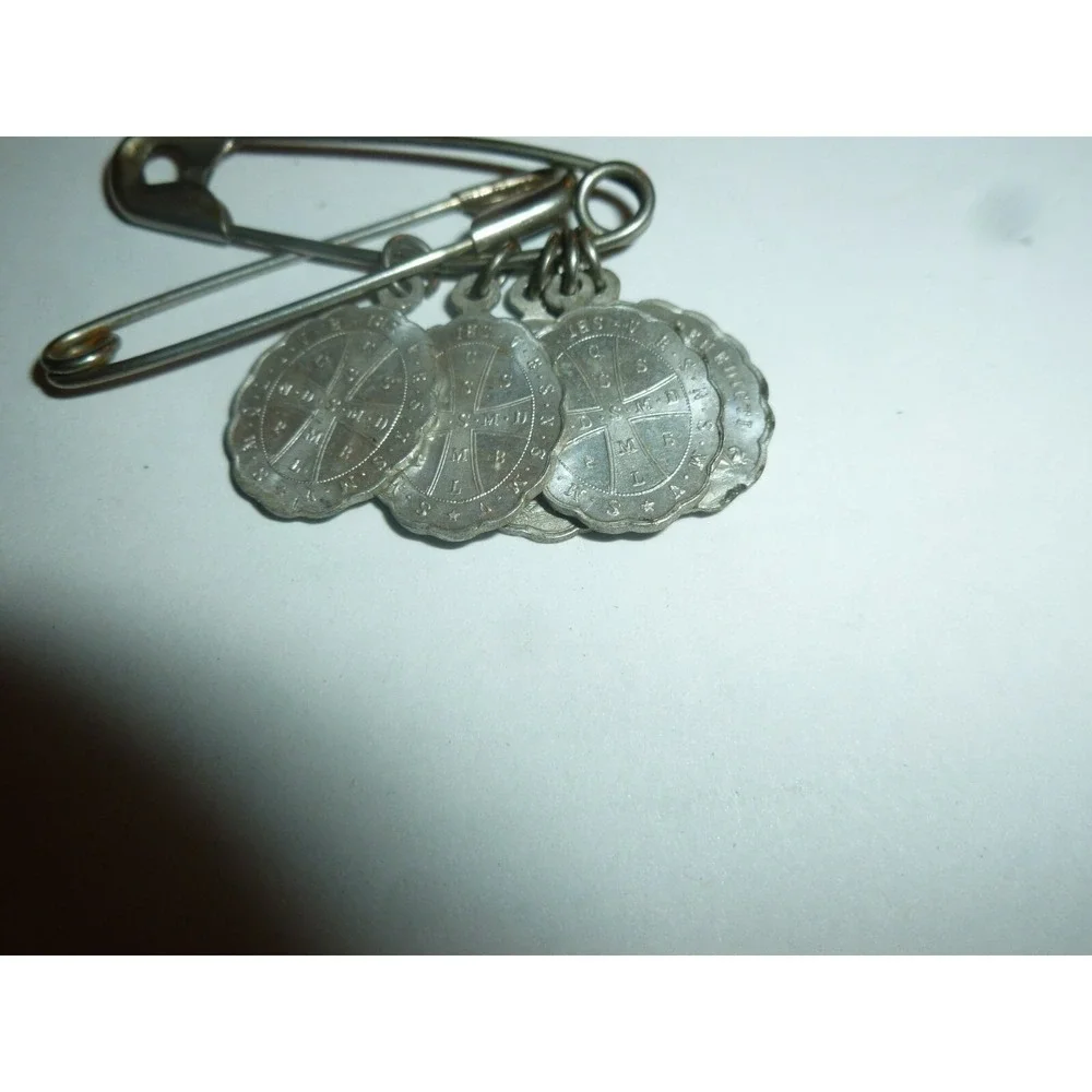 Vintage St Benedict Religious Medals‎ Silver Tone Safety Pin Charm Catholic 3pc